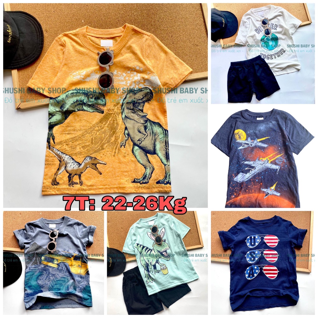 Áo thun cổ tròn cộc tay bé trai hàng xuất dư xuất xịn nhiều màu hình in sắc nét Shushibaby