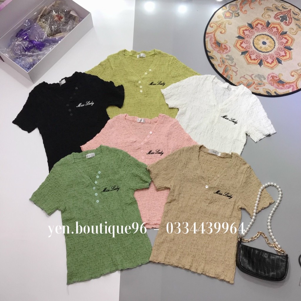 Áo Xốp Nhăn,Áo Thun Kiểu Vải Xốp Nhăn Cổ Tim Cúc Ngực Dáng Ôm