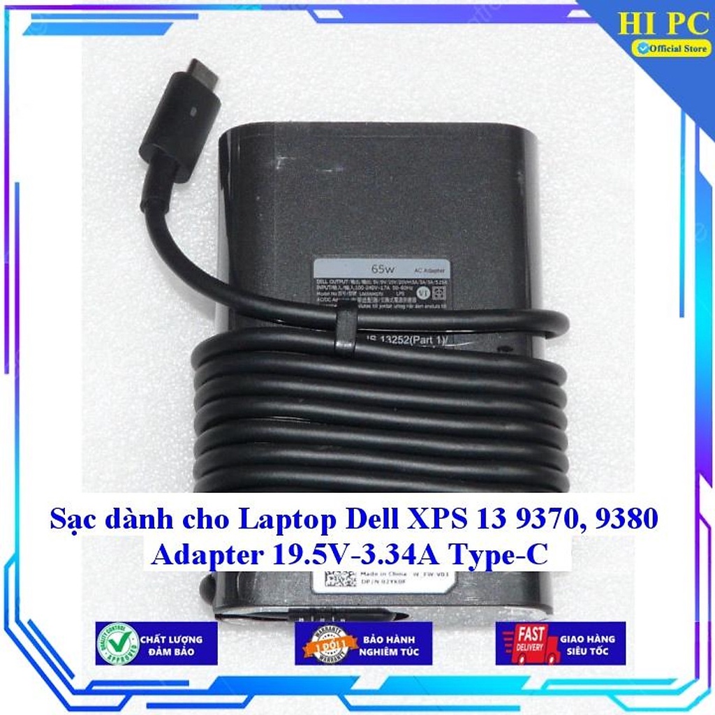 Sạc dành cho Laptop Dell XPS 13 9370, 9380 Adapter 19.5V-3.34A Type-C - Hàng Nhập Khẩu