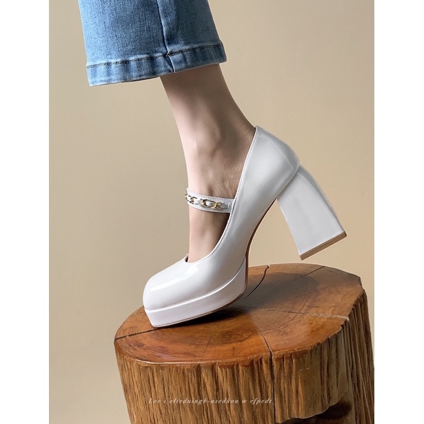 _ Giày cao gót nữ quai dán phối móc xích trẻ trung , năng động