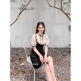 Đầm xoè A phối cổ ren tay nơ