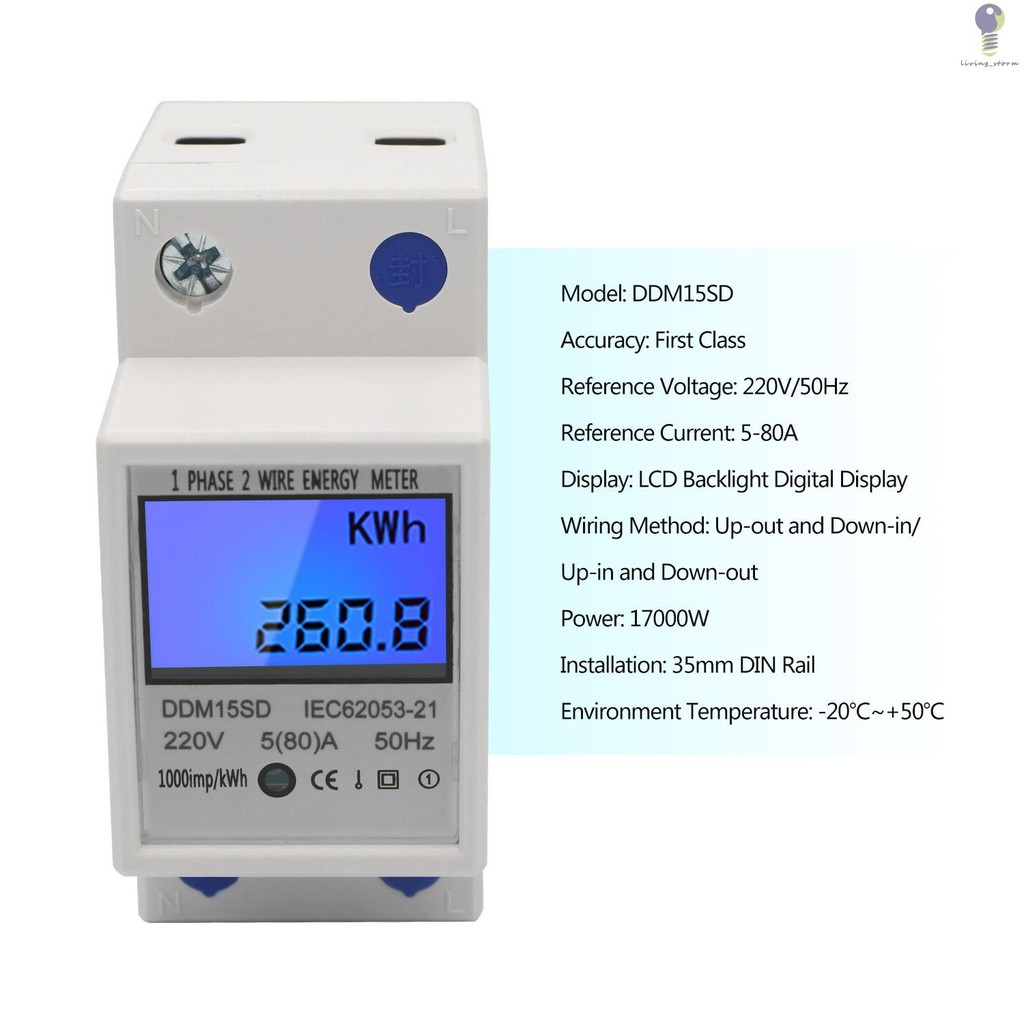 ving-Single Phase DIN-Rail Energy Meter 5-80A 220V 50Hz Electronic KWh Meter with LCD Backlight Digital Display DDM15SD