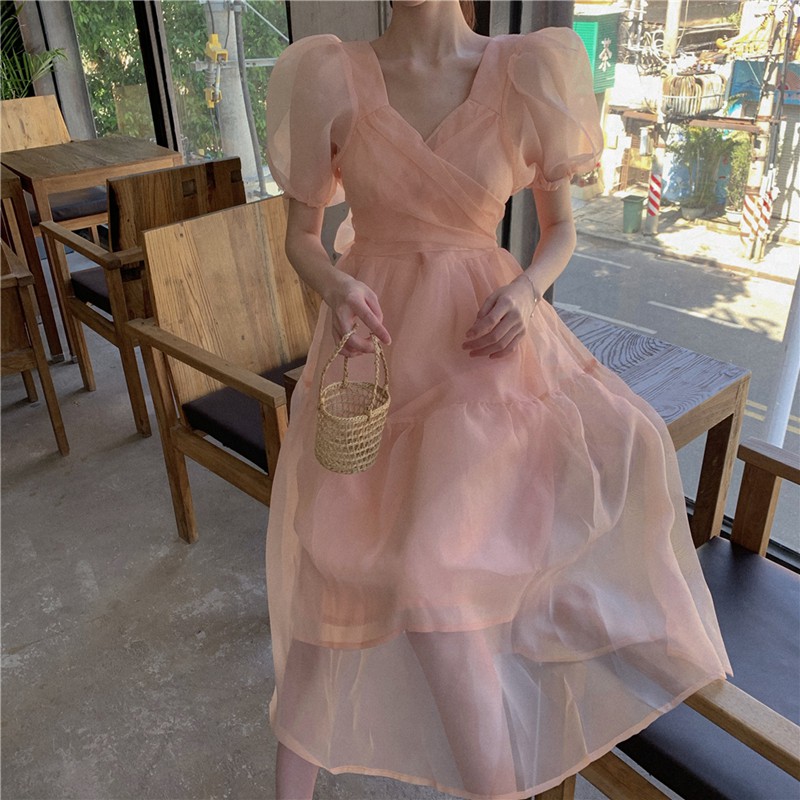 (ORDER) Đầm voan công chúa bồng bềnh màu hồng thắt eo tay bồng đính nơ điệu đà (MẪU MỚI 2020) -1 2 3