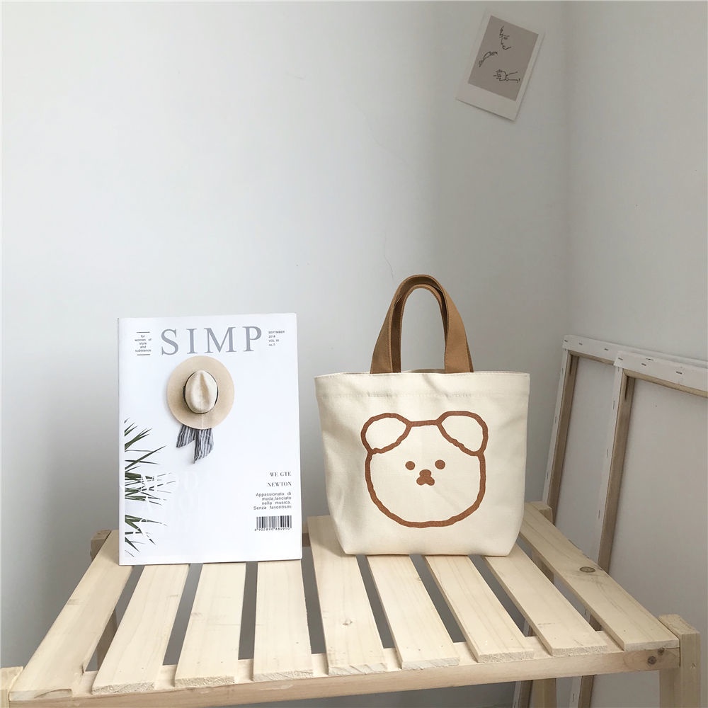 Túi Xách Mini Vải Canvas In Hình Gấu Dễ Thương Phong Cách Hàn Quốc Cho Nữ