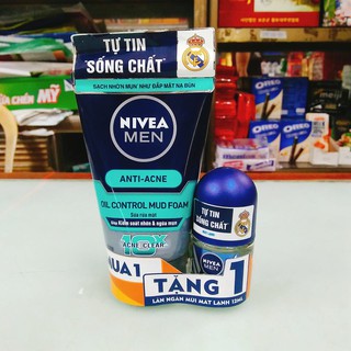 SỮA RỬA MẶT NIVEA MEN ANTI-ACNE OIL CONTROL MUD FOAM 100G TẶNG KÈM LĂN KHỬ MÙI MÁT LẠNH 12ML