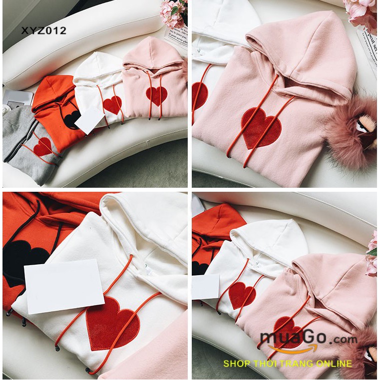 Áo hoodie nỉ thêu hình tim siêu cute, Áo khoác đi Đà lạt, Áo nỉ teen,ÁO NỈ CHUI CÓ MŨ Nữ Màu hồng, đỏ, trắng - XYZ012