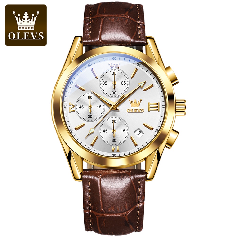 OLEVS 2872 Watch Men's Leather Strap Genuine Waterproof Luminous Wear-resistant Calendar Three-eye Chronograph Dial Multi-function Business Style