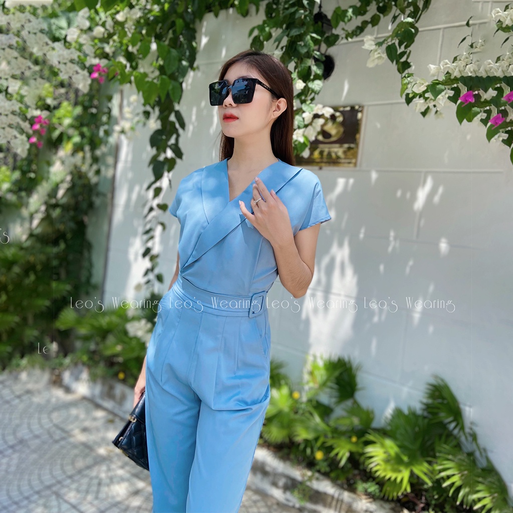 Bộ Jumsuit áo cổ chéo quần dài ống suông kèm đai có túi LEOSWEARING chất lụa trượt cao cấp mặc văn phòng đi tiệc K26 K27