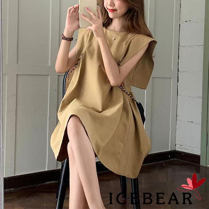 Đầm Dài Qua Gối Không Tay Cổ Tròn Màu Trơn Dành Cho Nữ