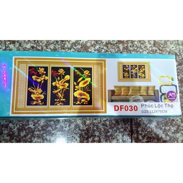 ❤KHUYẾN MÃI❤ Tranh Đính Đá Phúc Lộc Thọ Sen Vàng Df030