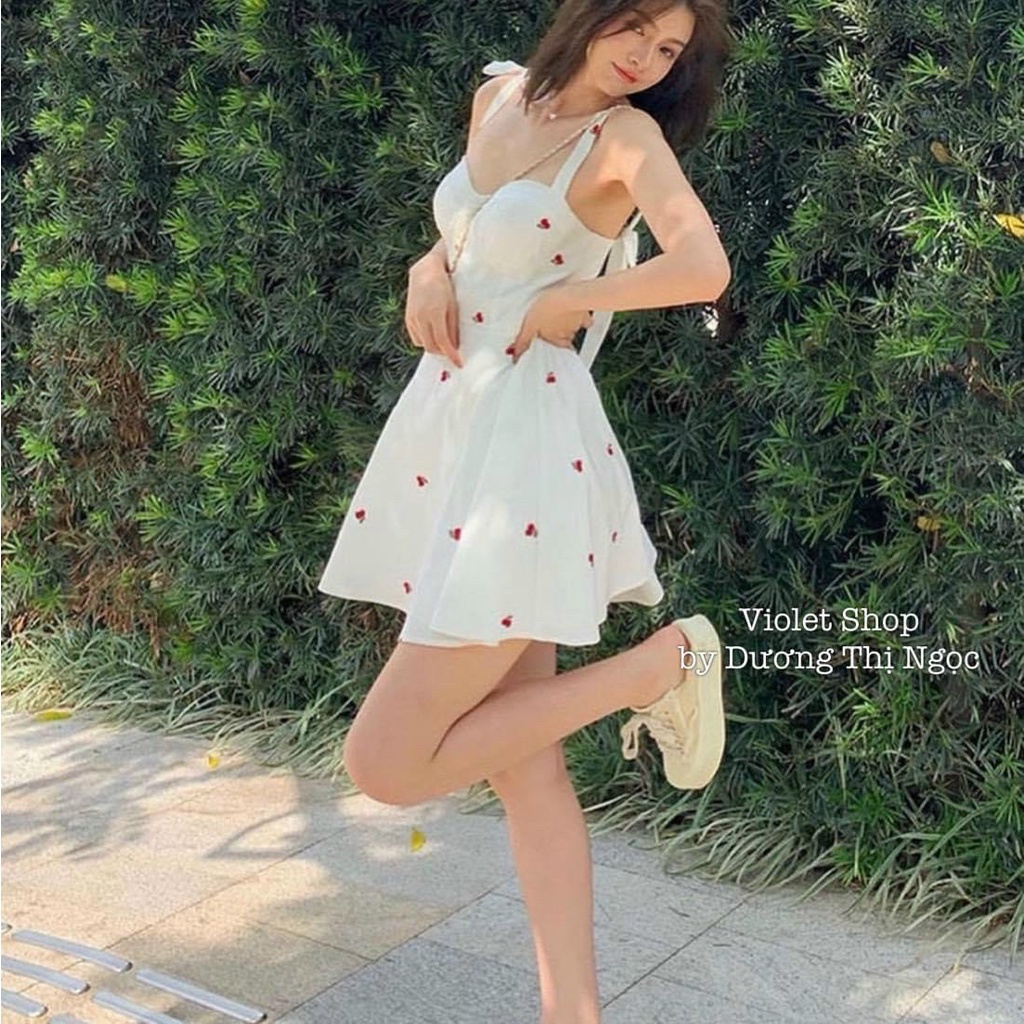 Sét áo khoác gân tăm phối váy đầm nữ màu trắng hai dây họa tiết chery dễ thương