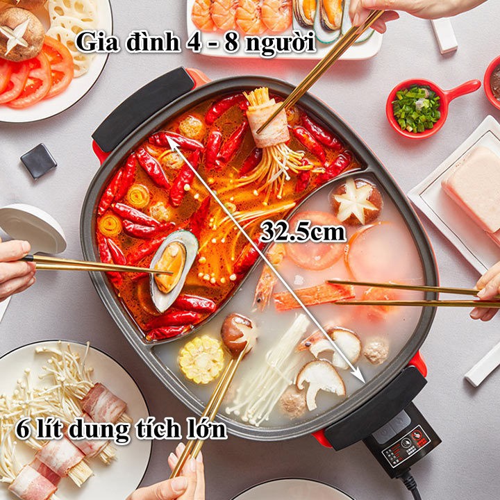 Nồi lẩu điện 2 ngăn đa năng dung tích lớn 6 lít cho gia đình 4 – 8 người