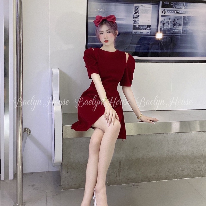 [Ảnh thật] Đầm nhung chữ A, váy nhung khuyết vai cut out siêu tôn dáng màu đen và đỏ Baelyn | BigBuy360 - bigbuy360.vn