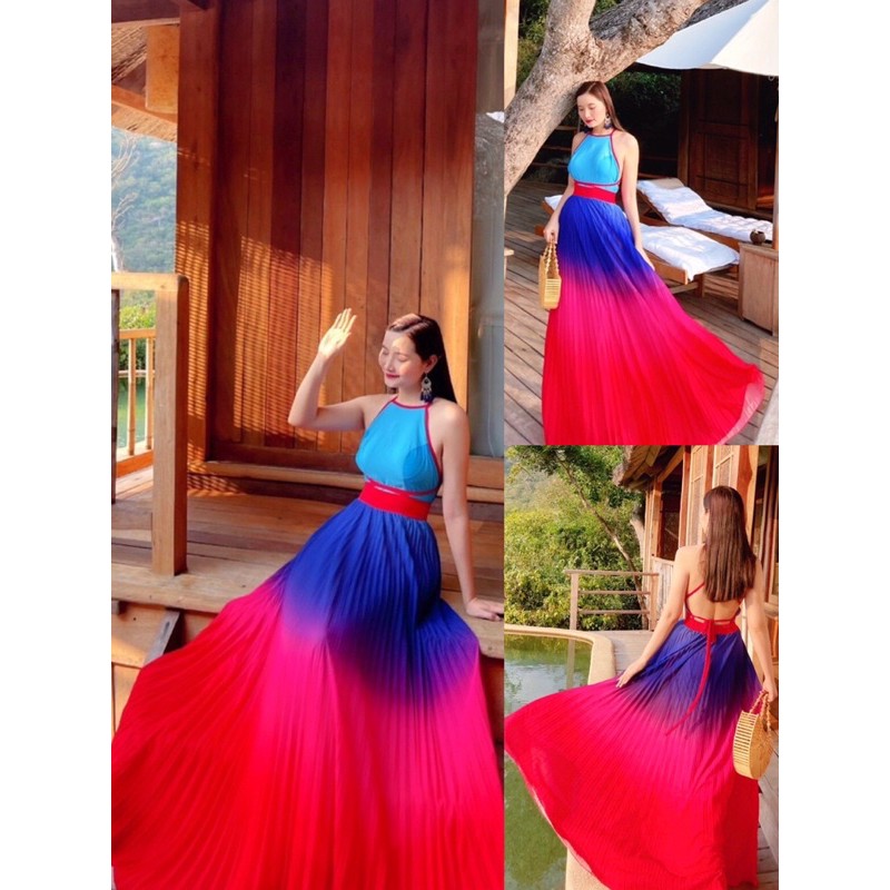(miễn phí chỉnh váy) đầm maxi yếm dập li màu loang ombre cầu vồng nhiều màu đi biển du lịch chụp hình sống ảo | BigBuy360 - bigbuy360.vn