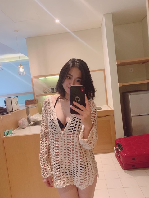 Áo khoác biển kiểu thừng cardigan đan móc (choàng) lưới ô vuông hot hit (~70cm)