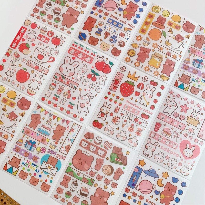 🐻Sticker 4 tam dán hình Thỏ hồng, Gấu nâu