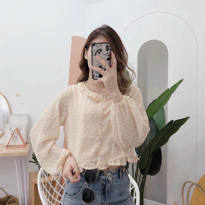 Áo hoạ tiết bi nổi tay dài phối bèo siêu xinh Sun Fashion