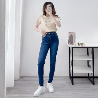 Quần jean nữ lưng cao co giãn có túi quần bò cạp cao skinny jeans  trơn dài basic cut line CHIBEST ZQB56