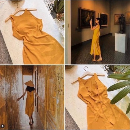 Đầm Sunny nơ lưng 3 màu vàng/đen/xanh biển