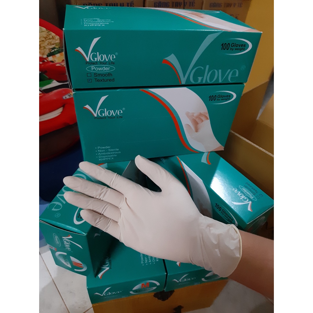 Găng tay cao su Y Tế Vglove có bột chính hãng Khải Hoàn loại 1 dai dẻo (Hộp 100 chiếc) đủ size S,M,L