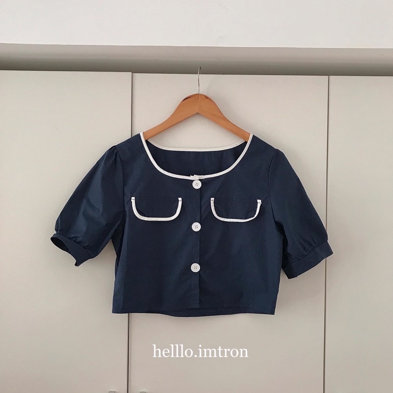 Áo kate cổ tròn viền trắng