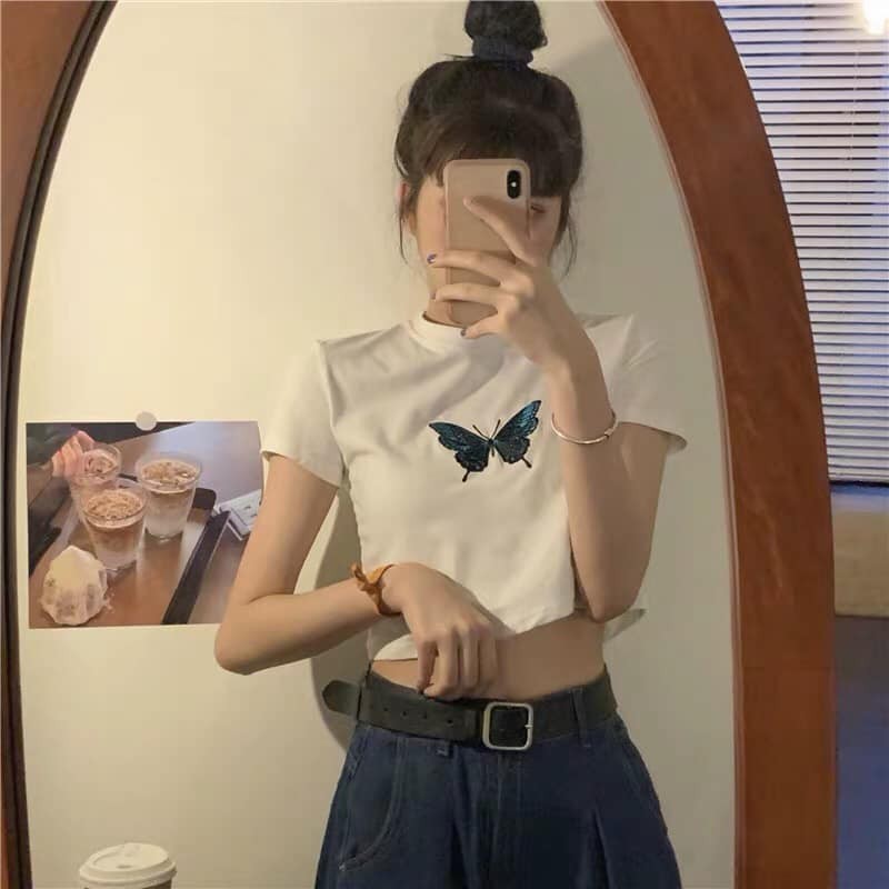Áo Croptop Nữ Thêu Hình Con Bướm - Áo Thun Ngắn Nữ Cộc Tay 2 Màu