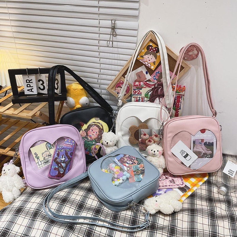 Túi Đeo Chéo Vai Bằng Da PU Hình Vuông Họa Tiết Trái Tim Trong Suốt