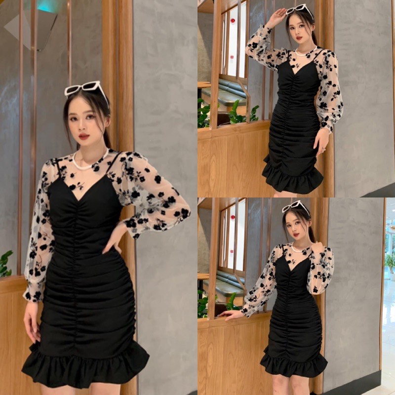 SET ĐỒ WINGS SET thiết kế độc lạ hoạ tiết hoa lá phần váy bo rút che khuyết điểm form chuẩn ôm body
