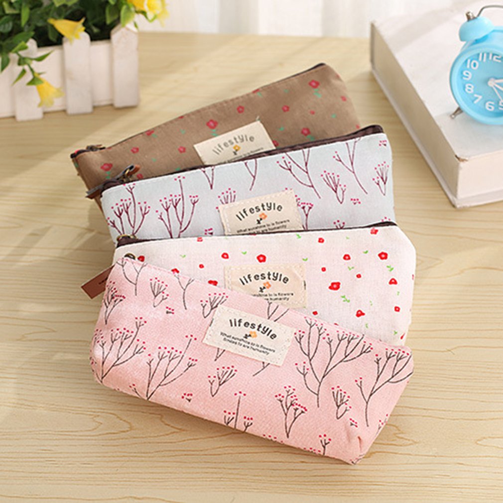 Túi Đựng Bút Bằng Vải Canvas In Họa Tiết Hoa Xinh Xắn Dễ Thương