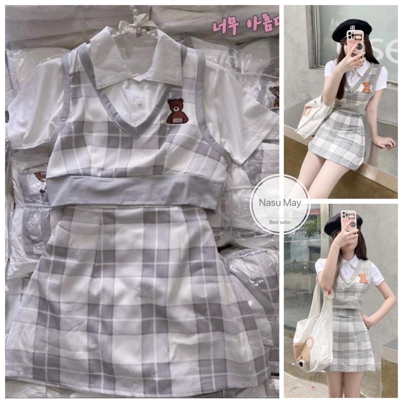 Set 3 Món Kẻ Caro Gấu Hàn Quốc 🦋 Áo polo croptop + áo gile + chân váy ngắn chữ a 🦋 | BigBuy360 - bigbuy360.vn