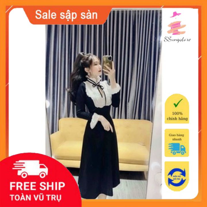 Váy tiểu thư dự tiệc buộc nơ SSungstore Đầm nữ đi chơi đi làm dáng dài ống tay loe yếm trắng điệu đà CD048