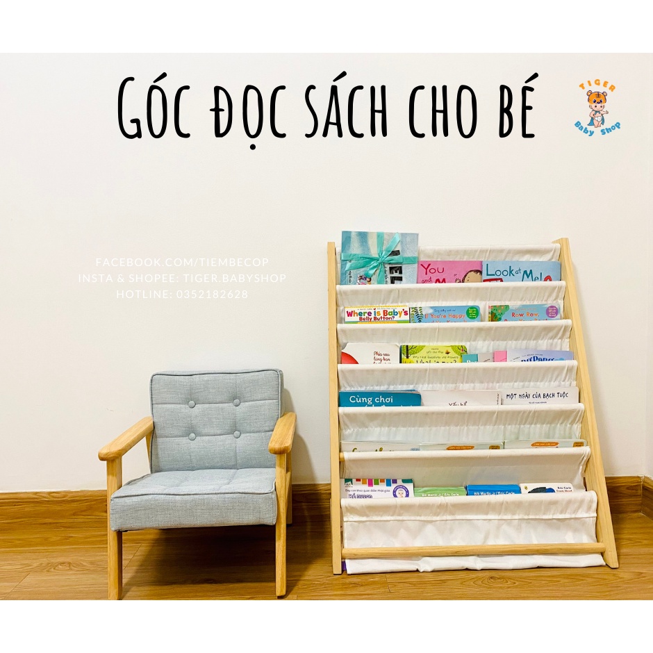 Góc đọc sách cho bé yêu xinh xắn chất lượng với kệ sách 7 tầng và ghế sofa mini làm từ 100% gỗ và vải tự nhiên an toàn