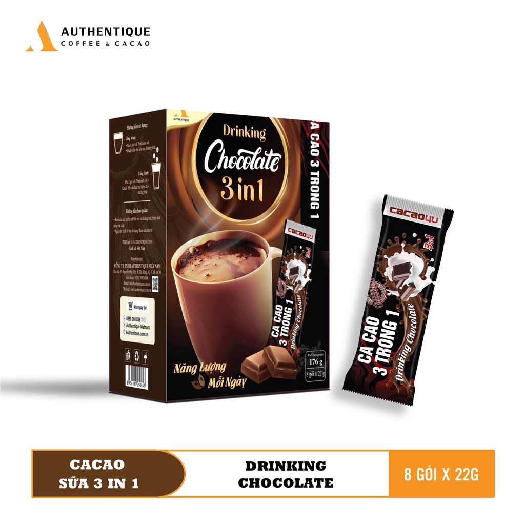 Bột Cacao sữa 3in1 Drinking Chocolate - Hộp 8 gói x 22g  - Đậm vị Socola | Authentique Cacao