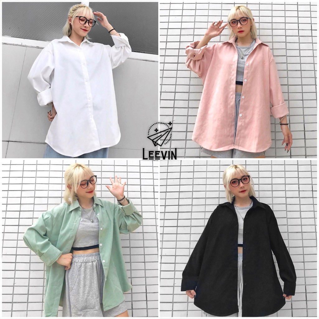 Áo Sơ Mi Dài Tay Nữ KUPI Nhung Unisex Form Rộng Dáng Suông Ulzzang Màu kiểu Vintage - Leevin Store