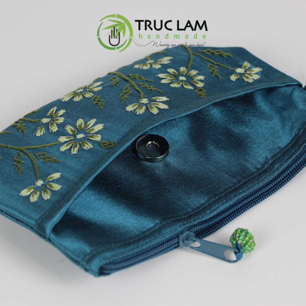 Ví Cầm Tay Nữ Vải Tafta Họa Tiết Hoa Cỏ Thêu Tay Set 2 Chiếc - Trúc Lâm Handmade
