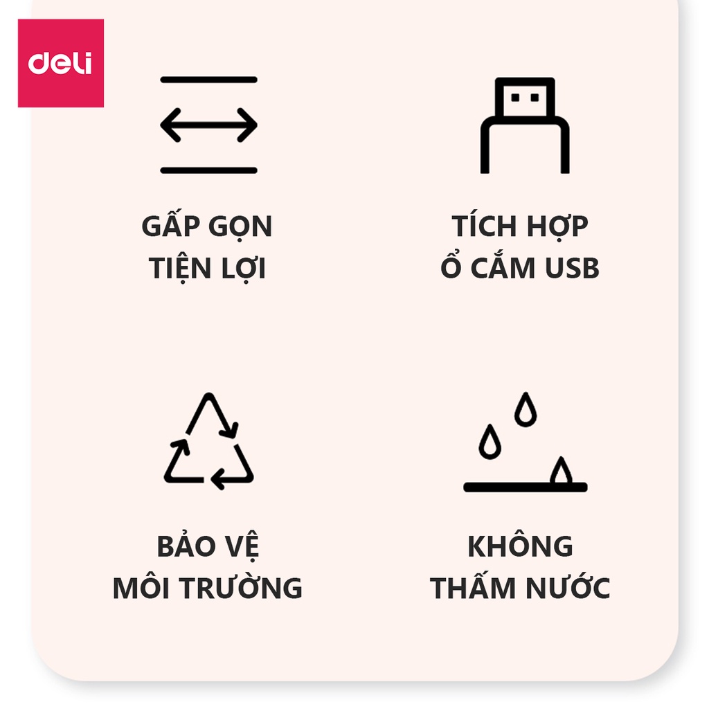 Bàn học gập gọn thông minh Deli - Đa năng, Có khe để điện thoại ipad , tích hợp ổ cắm USB, tặng kèm phụ kiện đèn quạt