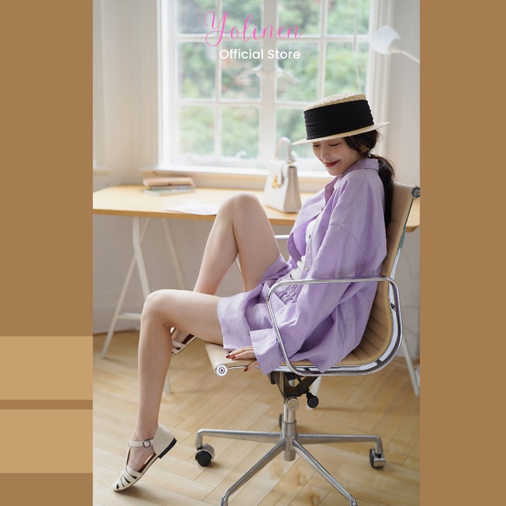 Set sơ mi nữ form rộng thả vai kèm quần short YOLINEN màu tím pastel dịu dàng, vải linen mềm mát