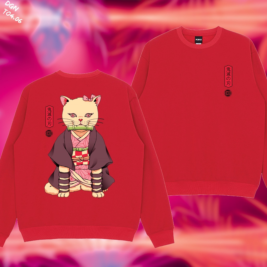 sweater màu đỏ hình mèo Nhật nỉ bông mềm mịn form rộng áo TO4.06