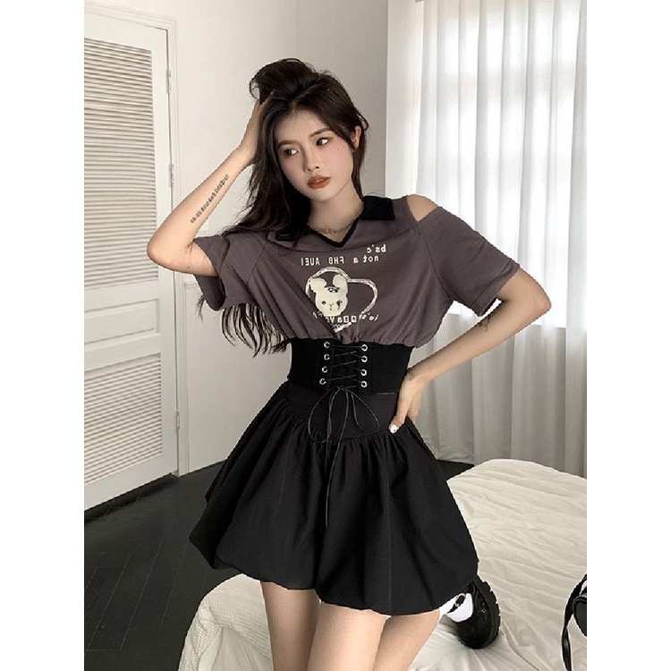 Mới Set Áo Lửng Ngắn Tay Trễ Vai + Chân Váy Xòe Thời Trang Dành Cho Nữ