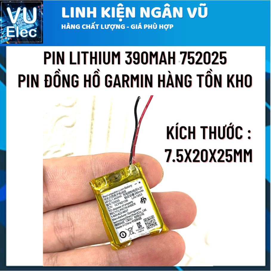 Pin Li-Po siêu mỏng 3.7V 390MAH 752025 Pin đồng hồ Garmin