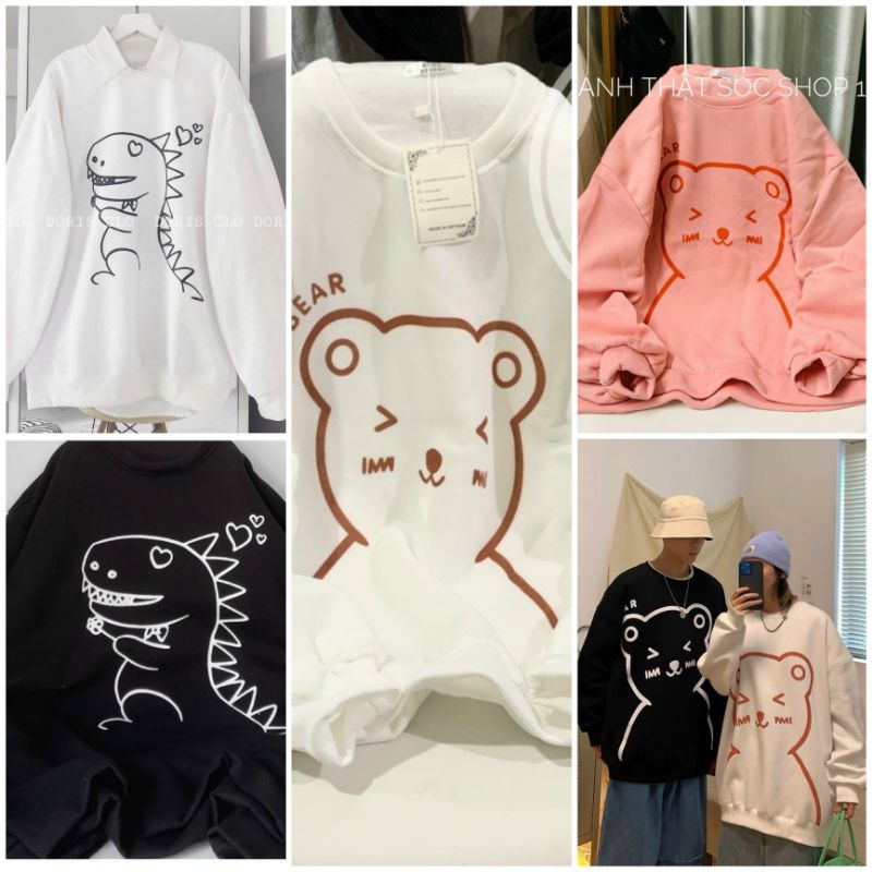 Áo Sweater Thun Nỉ Tay Dài Kiểu Tay Phồng Unisex In Mèo - Khủng Long siêu Cute - Khoác Teen 99 Vintage Thu Đông