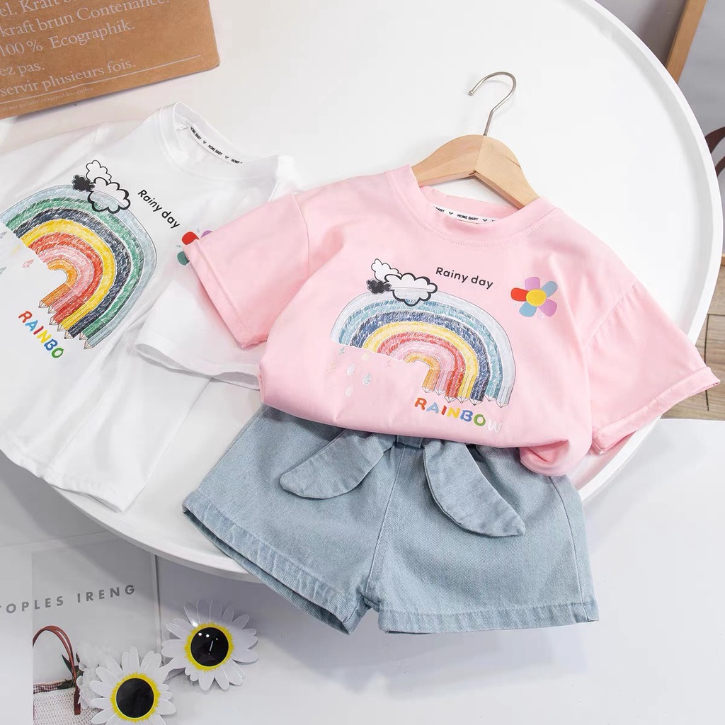 Set Áo Cotton Tàu In Họa Tiết Cầu Vồng Kèm Quần Jean Cho Bé Gái MINTSCLOSET Size 2- 5 tuổi - GA2019