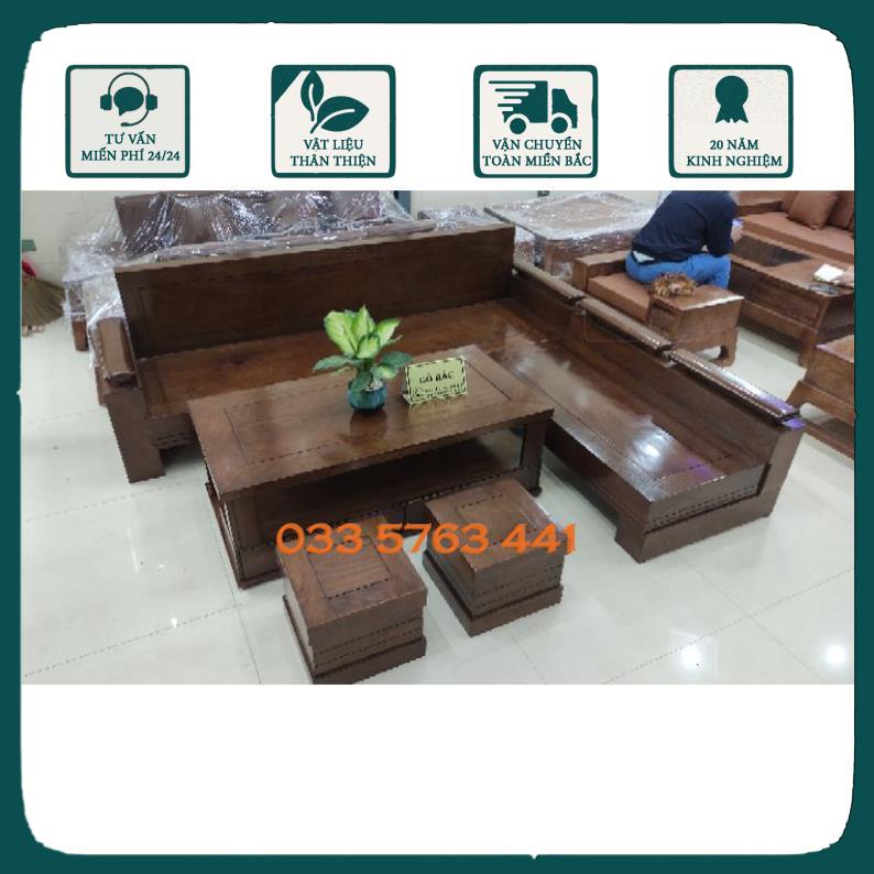 Sofa gỗ hương vàng cao cấp sơn màu óc chó kích thước 2,4m x 2m - ảnh thật có biển gỗ bắc