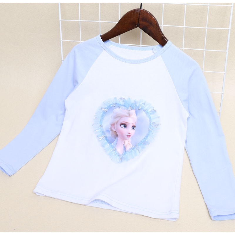 DISNEY Áo Thun Tay Dài Phối Ren 3D In Hình Công Chúa Elsa Cho Bé Gái 2-10 Tuổi