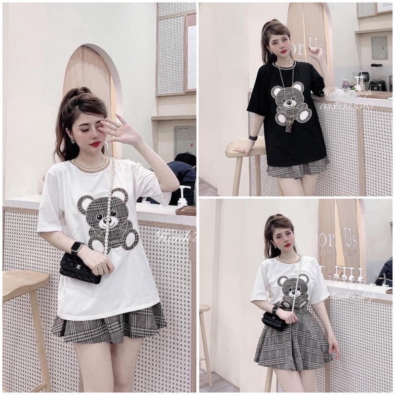 [SIEU SALE] SÉT váy chú gấu áo phông - chân váy caro có quần trong (hàng có sẵn)