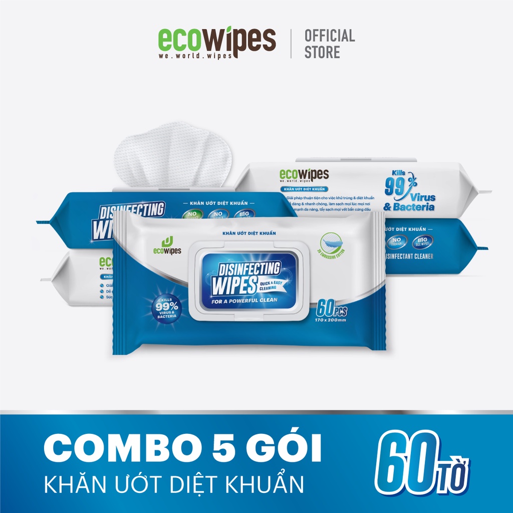 Combo 05 gói KHĂN ƯỚT DIỆT KHUẨN EcoWipes (60 tờ/ gói)