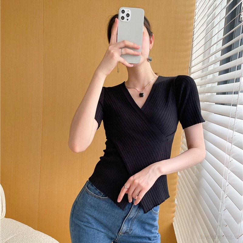 Áo Thun Dệt Kim Tay Ngắn Cổ Chữ V Màu Sắc Trơn Thời Trang Cho Nữ
