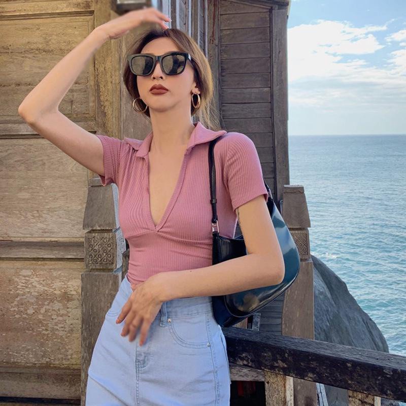 Áo thun dệt kim tay ngắn cổ chữ v dáng ôm màu trơn thời trang quyến rũ dành cho nữ