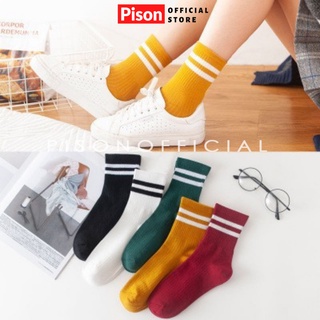Tất chân cổ cao 2 sọc trắng thể thao Pison, vớ Ulzzang Hàn Quốc cute nhiều màu - SP0200 - 01 đôi