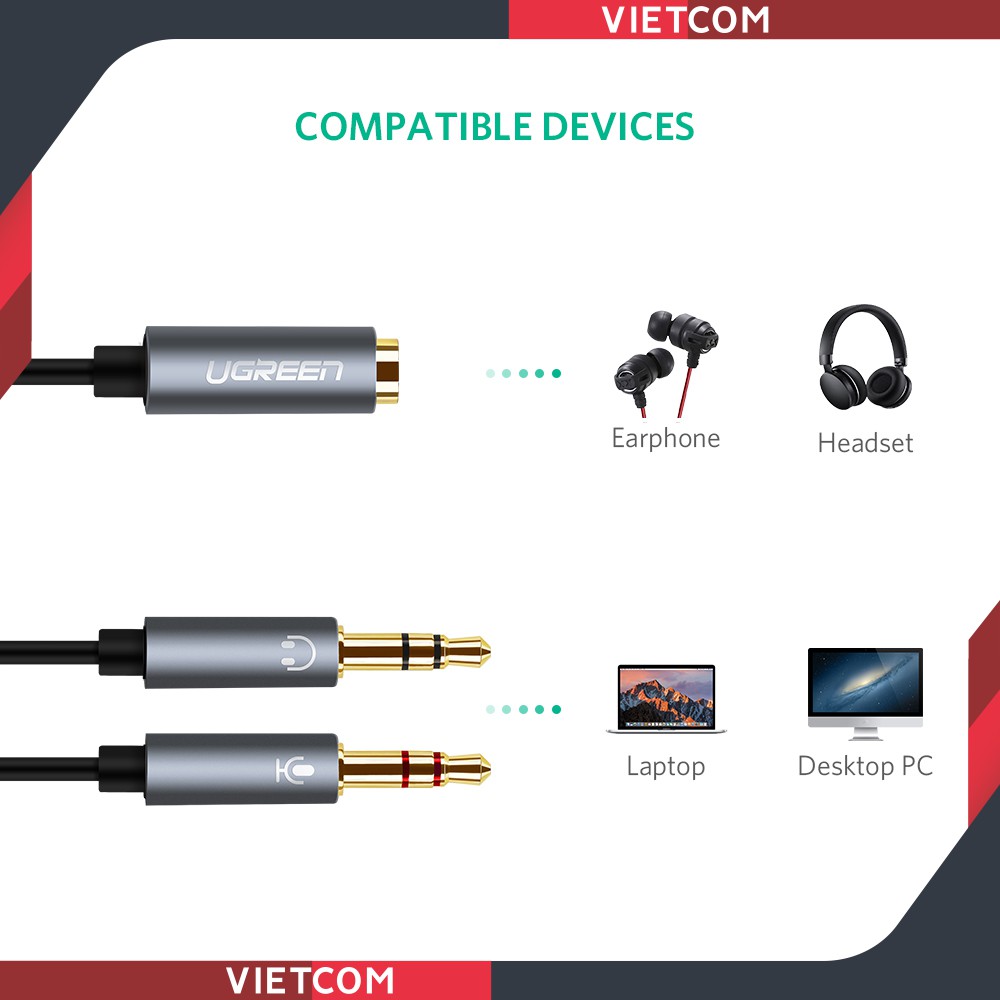 Dây Cáp Audio 3,5mm Âm Ra 2 Đầu 3,5mm 1 Mic 1 Loa Chính Hãng Ugreen - Mã 20899 - Bảo hành 18 tháng